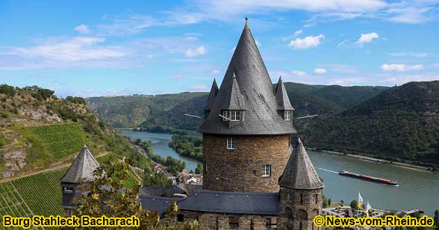 Stahleck Castle towers above Bacharach am Rhein, a medieval town with many beautiful half-timbered houses.